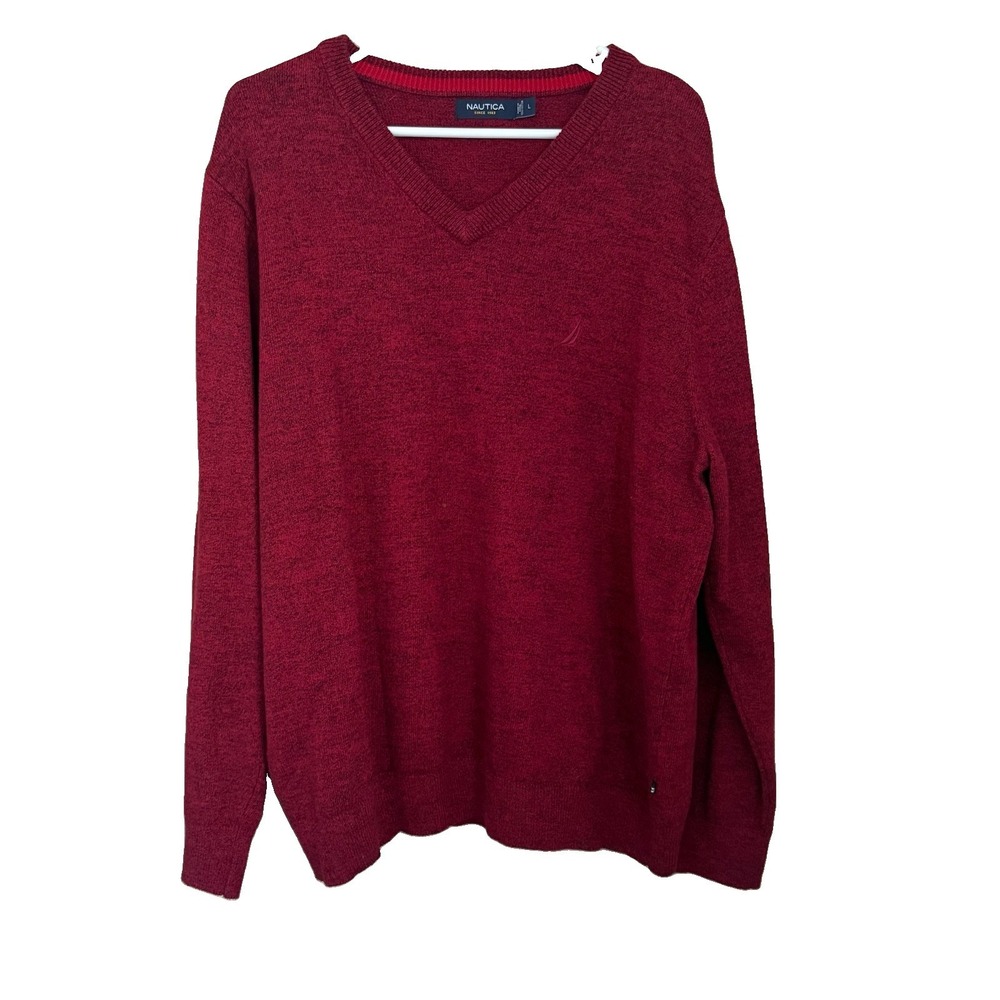 Nautica Mens Red Marled V-Neck Pullover Sweater Sz L Cotton Knit Preppy Nautical